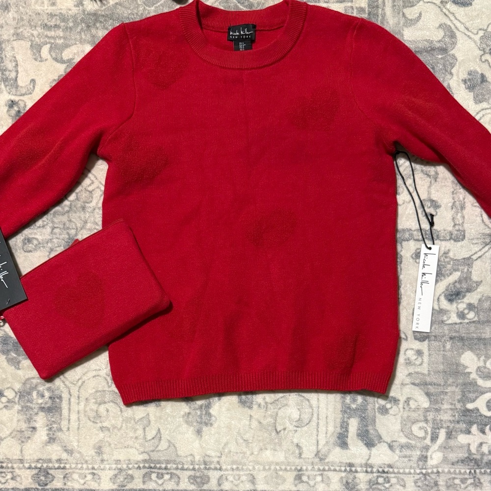 NWT Nicole Miller New York Red Heart Sweater & Matching Wristlet Set Size Small